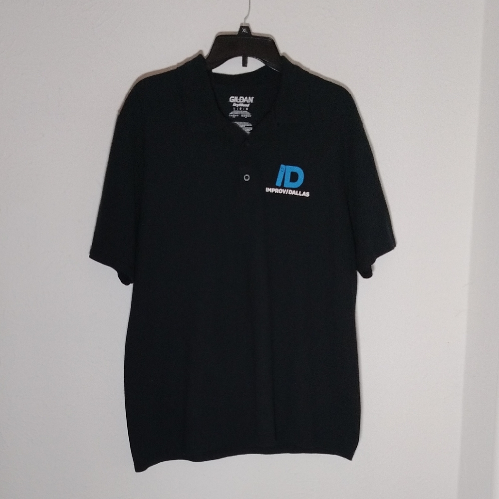 Gildan Men's Black Polo Shirt Size L with Logo and website on back